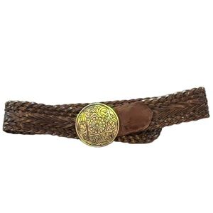 Aeropostale Medallion Brown Woven Wide Silver Round Medallion Buckle Belt Size S